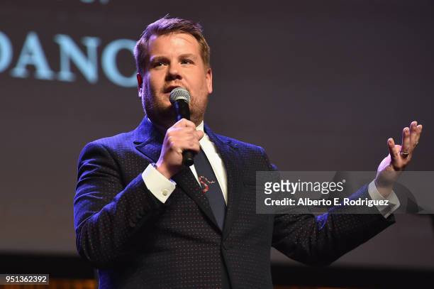 Actor James Corden speaks onstage during the 2018 Will Rogers Pioneer of the Year Dinner Honoring Tom Cruise at Caesars Palace during CinemaCon,...