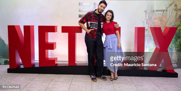 Bruno Fagundes and Bianca Comparato pose during the premiere for Season 2 of the Netflix series 3% on April 25, 2018 in Sao Paulo, Brazil.