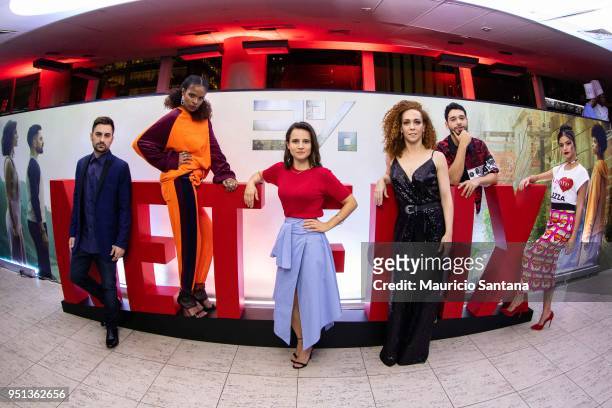 Actors Rodolfo Valente, Vaneza Oliveira, Bianca Comparato, Laila Garin Bruno Fagundes and Cynthia Senek pose during the premiere for Season 2 of the...