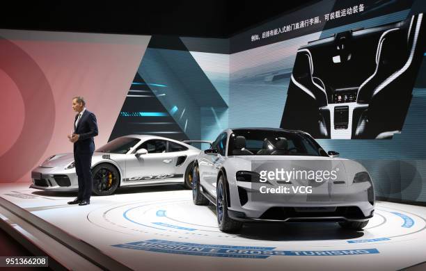 Porsche Mission E Cross Turismo car is on display during the Auto China 2018 at China International Exhibition Center on April 25, 2018 in Beijing,...