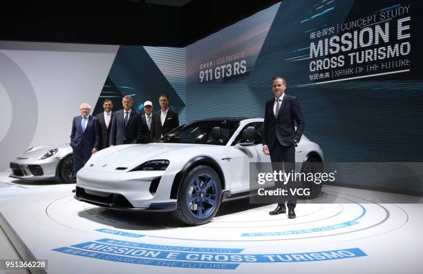 Porsche Mission E Cross Turismo car is on display during the Auto China 2018 at China International Exhibition Center on April 25, 2018 in Beijing,...