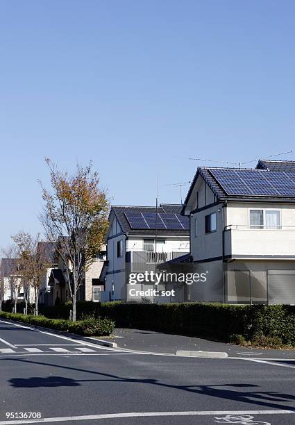 houses with solar panels on the roof - gunma prefecture stock pictures, royalty-free photos & images