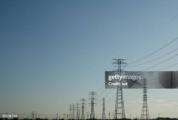 electricity pylons and power lines at dusk - electricity pylon imagens e fotografias de stock