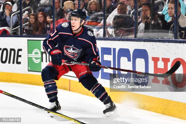 Matt Calvert of the Columbus Blue Jackets skates against the Washington Capitals in Game Six of the Eastern Conference First Round during the 2018...