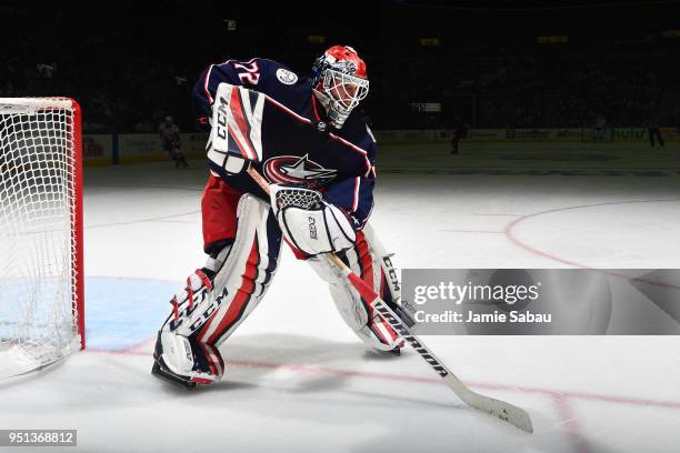 Goaltender Sergei Bobrovsky of the Columbus Blue Jackets defends the net against the Washington Capitals in Game Six of the Eastern Conference First...