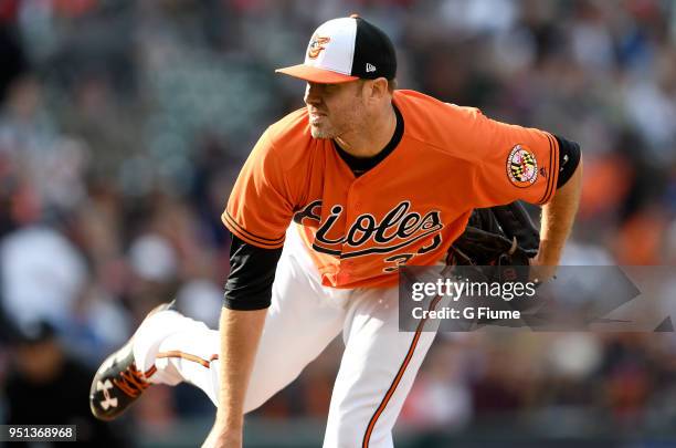 Chris Tillman of the Baltimore Orioles pitches against the Cleveland Indians at Oriole Park at Camden Yards on April 21, 2018 in Baltimore, Maryland.