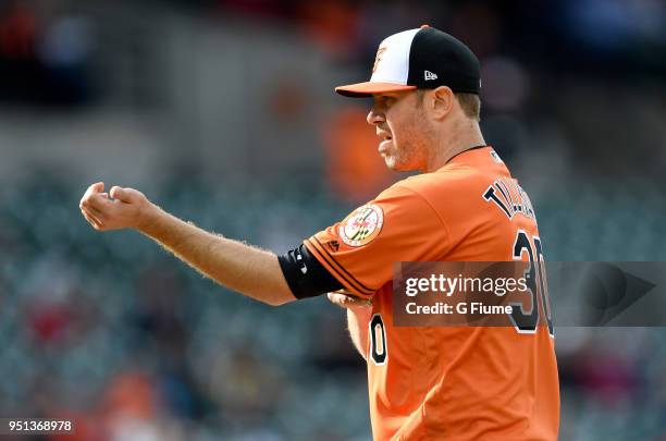 Chris Tillman of the Baltimore Orioles pitches against the Cleveland Indians at Oriole Park at Camden Yards on April 21, 2018 in Baltimore, Maryland.