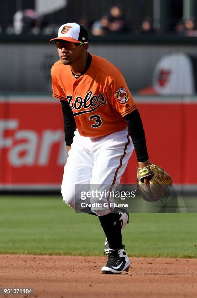 Luis Sardinas of the Baltimore Orioles plays second base against the Cleveland Indians at Oriole Park at Camden Yards on April 21, 2018 in Baltimore,...