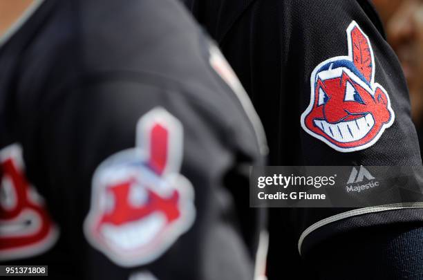 The Cleveland Indians Chief Wahoo logo on their uniform before the game against the Baltimore Orioles at Oriole Park at Camden Yards on April 21,...