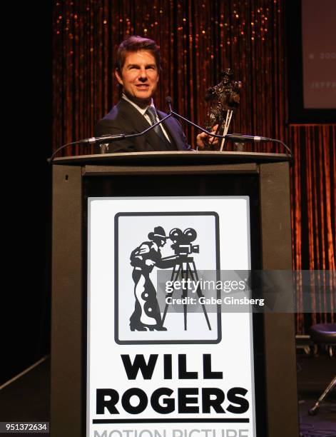 Actor and recipient of the "2018 Pioneer of the Year" award Tom Cruise speaks during the 2018 Will Rogers Pioneer of the Year Dinner Honoring Tom...