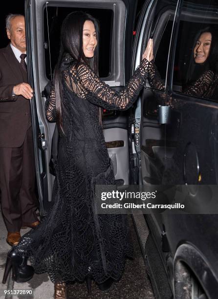 Fashion designer Vera Wang is seen leaving the HBO documentary series premiere of 'Being Serena' at Time Warner Center on April 25, 2018 in New York...