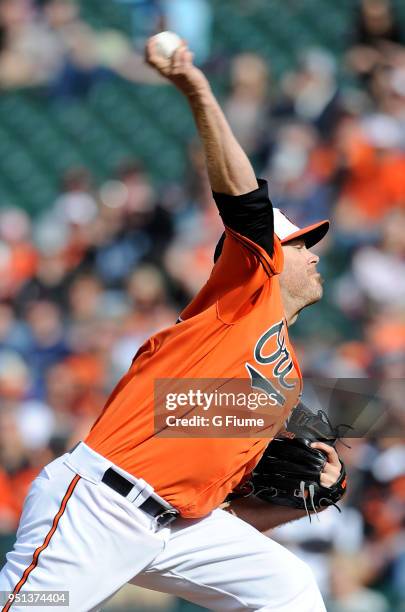 Chris Tillman of the Baltimore Orioles pitches against the Cleveland Indians at Oriole Park at Camden Yards on April 21, 2018 in Baltimore, Maryland.