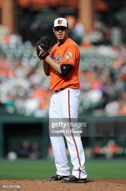 Chris Tillman of the Baltimore Orioles pitches against the Cleveland Indians at Oriole Park at Camden Yards on April 21, 2018 in Baltimore, Maryland.