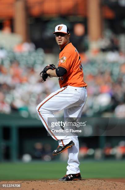 Chris Tillman of the Baltimore Orioles pitches against the Cleveland Indians at Oriole Park at Camden Yards on April 21, 2018 in Baltimore, Maryland.