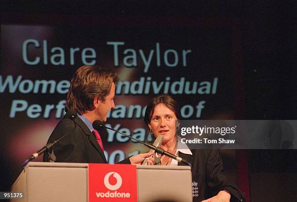 Women's player of the year Clare Taylor of England chats to TV presenter Mark Nicholas during the Vodafone Awards Dinner held at the Criterion...