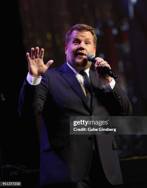 Actor/comedian James Corden speaks during the 2018 Will Rogers Pioneer of the Year Dinner Honoring Tom Cruise at Caesars Palace during CinemaCon, the...