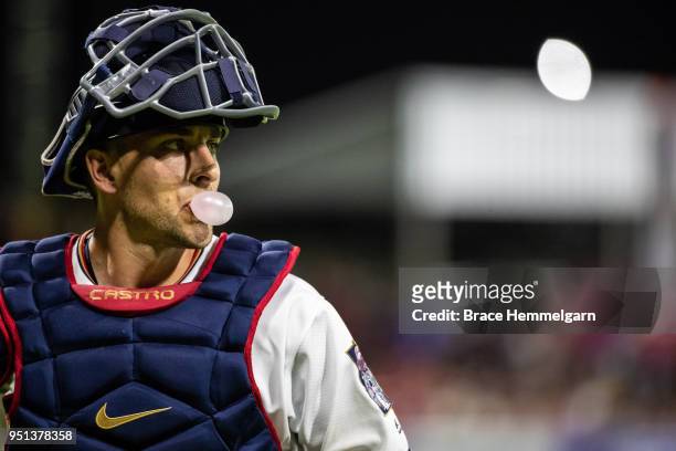 Jason Castro of the Minnesota Twins looks on against the Cleveland Indians at Hiram Bithorn Stadium on Tuesday, April 18, 2018 in San Juan, Puerto...
