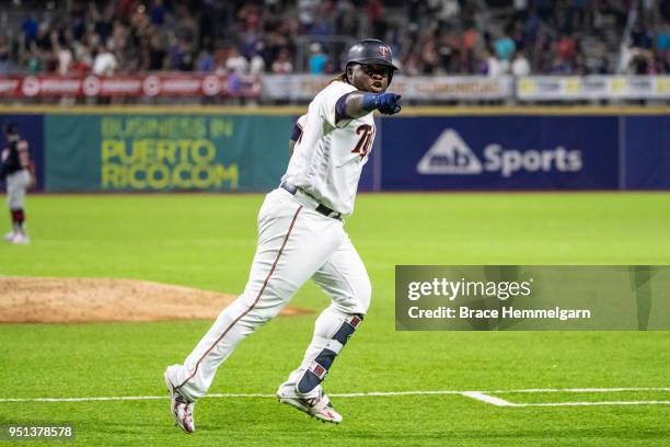 Miguel Sano of the Minnesota Twins celebrates his home run against the Cleveland Indians at Hiram Bithorn Stadium on Tuesday, April 18, 2018 in San...