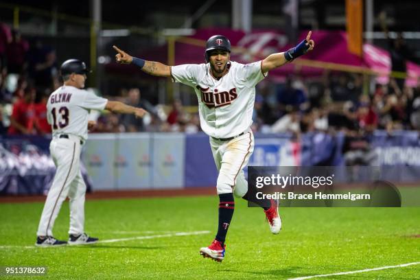 Eddie Rosario of the Minnesota Twins celebrates a walk-off victory against the Cleveland Indians at Hiram Bithorn Stadium on Tuesday, April 18, 2018...