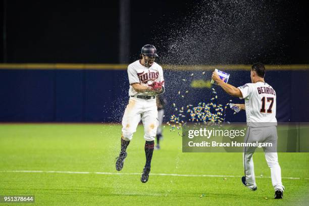 Ryan LaMarre of the Minnesota Twins celebrates his walk-off hit with Jose Berrios against the Cleveland Indians at Hiram Bithorn Stadium on Tuesday,...