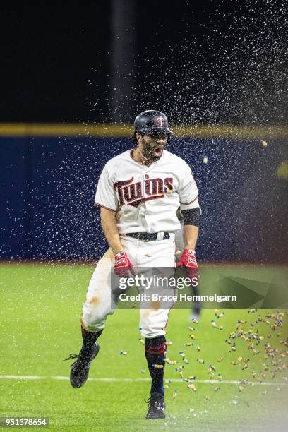 Ryan LaMarre of the Minnesota Twins celebrates his walk-off hit against the Cleveland Indians at Hiram Bithorn Stadium on Tuesday, April 18, 2018 in...