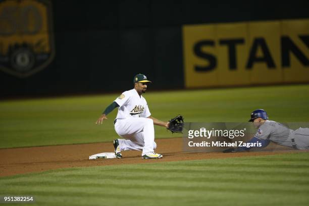 Marcus Semien of the Oakland Athletics takes the throw to tag Ryan Rua of the Texas Rangers out at second during the game at the Oakland Alameda...
