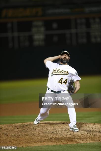 Chris Hatcher of the Oakland Athletics pitches during the game against the Texas Rangers at the Oakland Alameda Coliseum on April 2, 2018 in Oakland,...