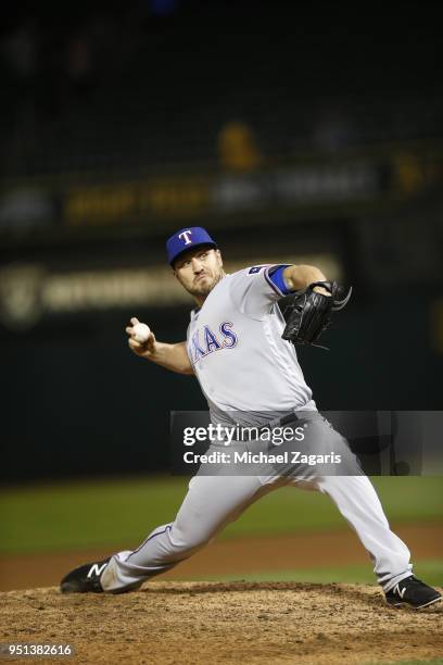 Kevin Jepsen of the Texas Rangers pitches during the game against the Oakland Athletics at the Oakland Alameda Coliseum on April 2, 2018 in Oakland,...