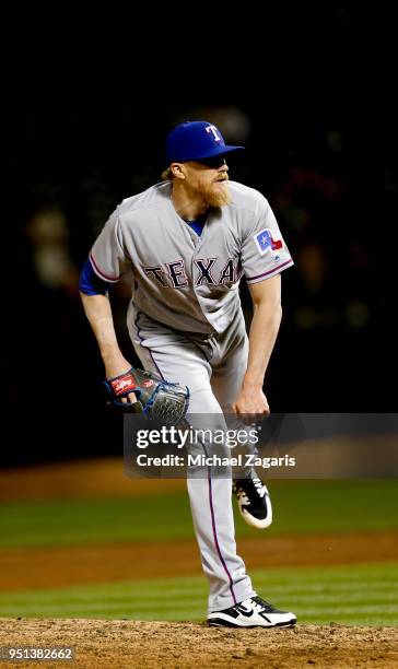 Jake Diekman of the Texas Rangers pitches during the game against the Oakland Athletics at the Oakland Alameda Coliseum on April 2, 2018 in Oakland,...