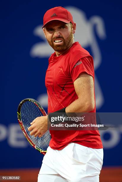 Bjorn Fratangelo of the United States reacts against Pablo Andujar of Spain in their match during day three of the ATP Barcelona Open Banc Sabadell...