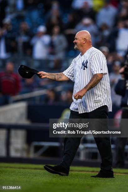 Former New York Yankee David Wells gestures to the crowd before the game against the Minnesota Twins at Yankee Stadium on April 23, 2018 in the Bronx...