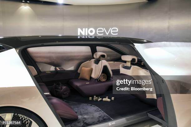 The interior of a NIO Eve autonomous concept electric vehicle is seen at the Beijing International Automotive Exhibition in Beijing, China, on...