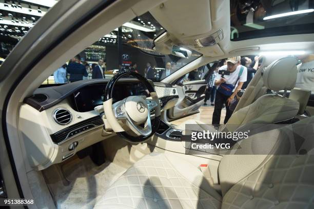 Interior view of a Mercedes-Maybach S680 car is seen during the Auto China 2018 at China International Exhibition Center on April 25, 2018 in...