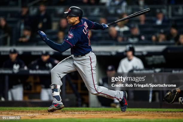 Jason Castro of the Minnesota Twins bats during the game against the New York Yankees at Yankee Stadium on April 23, 2018 in the Bronx borough of New...