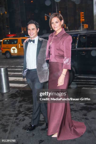 Katie Holmes and Zac Posen are seen arriving to the Brooks Brothers Bicentennial Celebration at Jazz on April 25, 2018 in New York City.