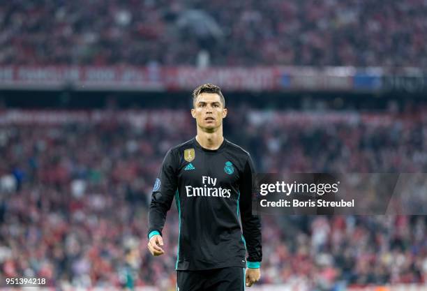 Cristiano Ronaldo of Real Madrid looks on prior to the UEFA Champions League Semi Final First Leg match between Bayern Muenchen and Real Madrid at...