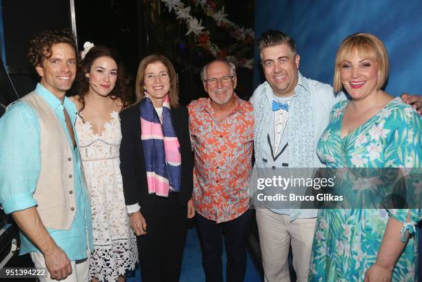 Paul Alexander Nolan, Alison Luff, Caroline Kennedy, Jimmy Buffett, Eric Petersen and Lisa Howard pose backstage at the hit new musical "Escape to...