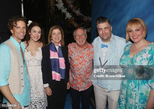 Paul Alexander Nolan, Alison Luff, Caroline Kennedy, Jimmy Buffett, Eric Petersen and Lisa Howard pose backstage at the hit new musical "Escape to...