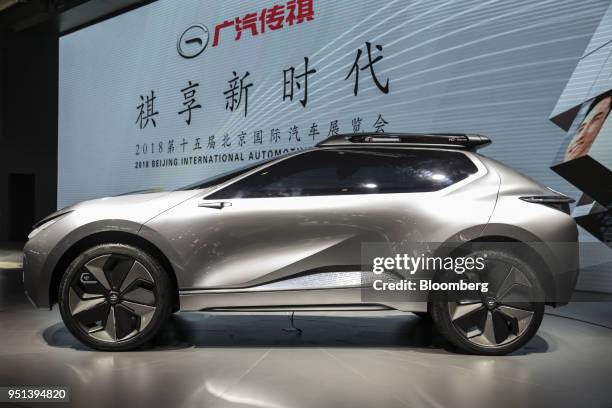 Guangzhou Automobile Group Co. Enverge electric concept vehicle stands on display at the Beijing International Automotive Exhibition in Beijing,...