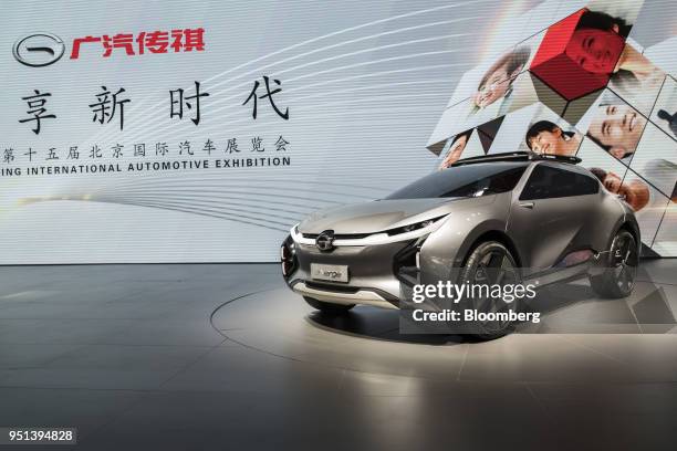 Guangzhou Automobile Group Co. Enverge electric concept vehicle stands on display at the Beijing International Automotive Exhibition in Beijing,...