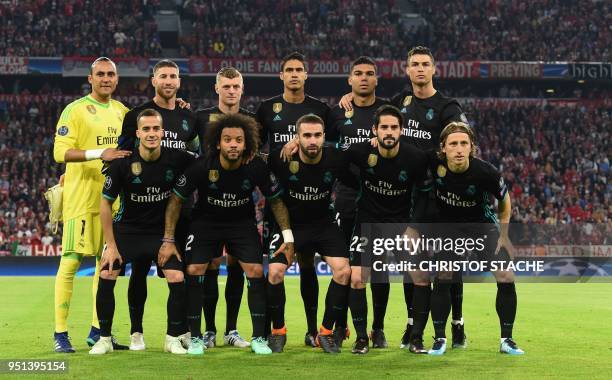 Players of Real Madrid CF pose for a team photo prior to the UEFA Champions League semi-final first-leg football match FC Bayern Munich vs Real...