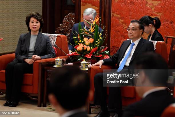 Secretary of Transportation Elaine Chao speaks during meeting with Chinese Premier Li Keqiang at the Zhongnanhai Leadership Compound on April 26,...