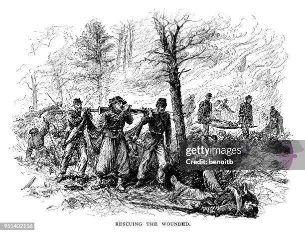 union army rescuing the wounded - wounded stock illustrations