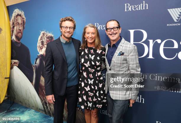 Simon Baker, Layne Beachley and Kirk Pengilly attends the Breath Sydney Red Carpet Premiere at The Ritz Cinema on April 26, 2018 in Sydney, Australia.