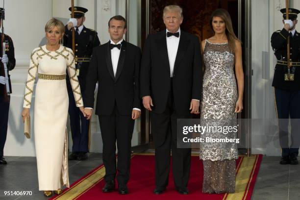First Lady Melania Trump, from right, U.S. President Donald Trump, Emmanuel Macron, France's president, and Brigitte Macron, France's first lady,...