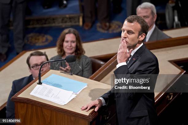 Emmanuel Macron, France's president, gestures after speaking to a joint meeting of Congress at the U.S. Capitol in Washington, D.C., U.S., on...