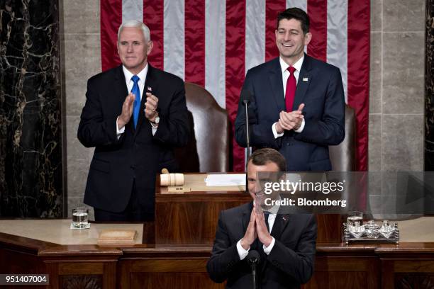 Emmanuel Macron, France's president, center, gestures while arriving to a joint meeting of Congress at the U.S. Capitol in Washington, D.C., U.S., on...