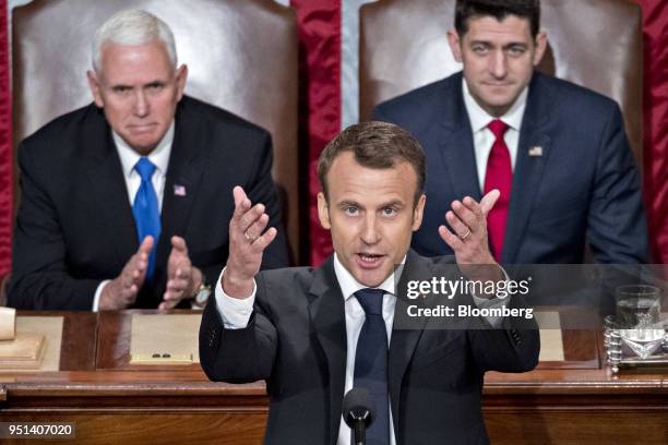 Emmanuel Macron, France's president, speaks to a joint meeting of Congress at the U.S. Capitol in Washington, D.C., U.S., on Wednesday, April 25,...