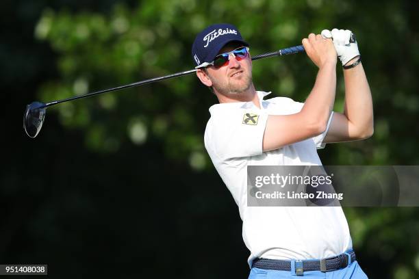 Bernd Wiesberger of Austria plays a shot during the first round of the 2018 Volvo China Open at Topwin Golf and Country Club on April 26, 2018 in...