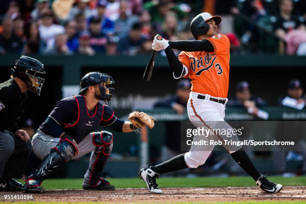 Luis Sardinas of the Baltimore Orioles bats during the game against the Cleveland Indians at Oriole Park at Camden Yards on Saturday, April 21, 2018...